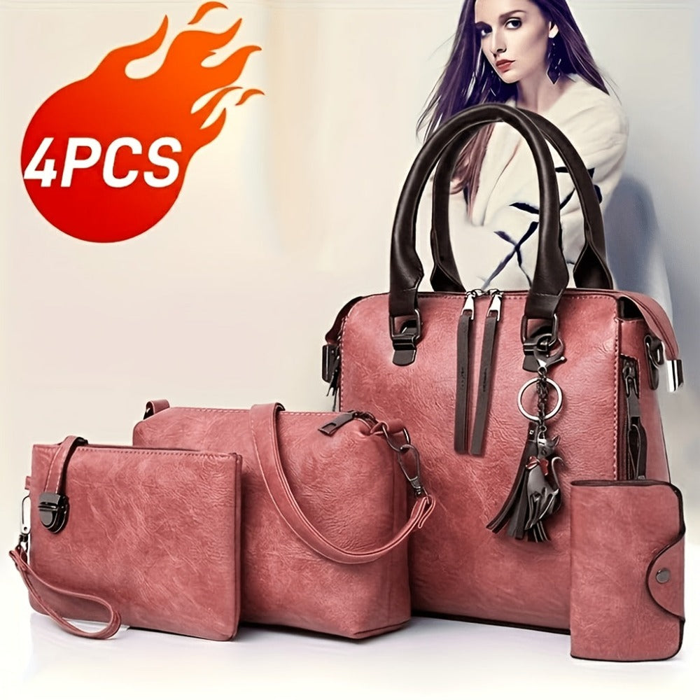 Conjunto de 4 piezas de bolsos para mujer, moderno y versátil, incluye bolso tote retro, bolso cruzado de hombro, bolso de mano, billetera, bolso tote grande de PU con cera de aceite, borlas, ideal para el día a día, viajes y como regalo