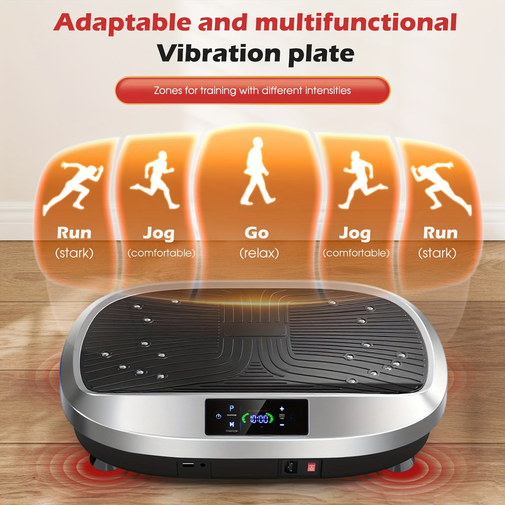 Placa de vibración de cuerpo completo con 6 programas de entrenamiento, masaje electromagnético de 120 niveles, motor silencioso, control remoto incorporado, superficie antideslizante + bandas de resistencia, equipo de fitness para el hogar de 120 kg de c
