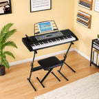 Teclado electrónico de 61 teclas diseñado para principiantes, con piano digital de 500 tonos y un modo de enseñanza de tres niveles. Incluye soporte de piano, taburete, pantalla LCD y atril.