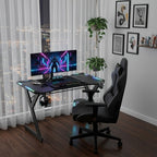 Escritorio de Oficina con Iluminación LED, 100 cm de Tamaño Extra Grande con Revestimiento de Fibra de Carbono, Escritorio para Hogar/Oficina y Gaming, con Portavasos y Soporte para Auriculares, , con Organizador de Cables, Ideal para Trabajadores Remotos