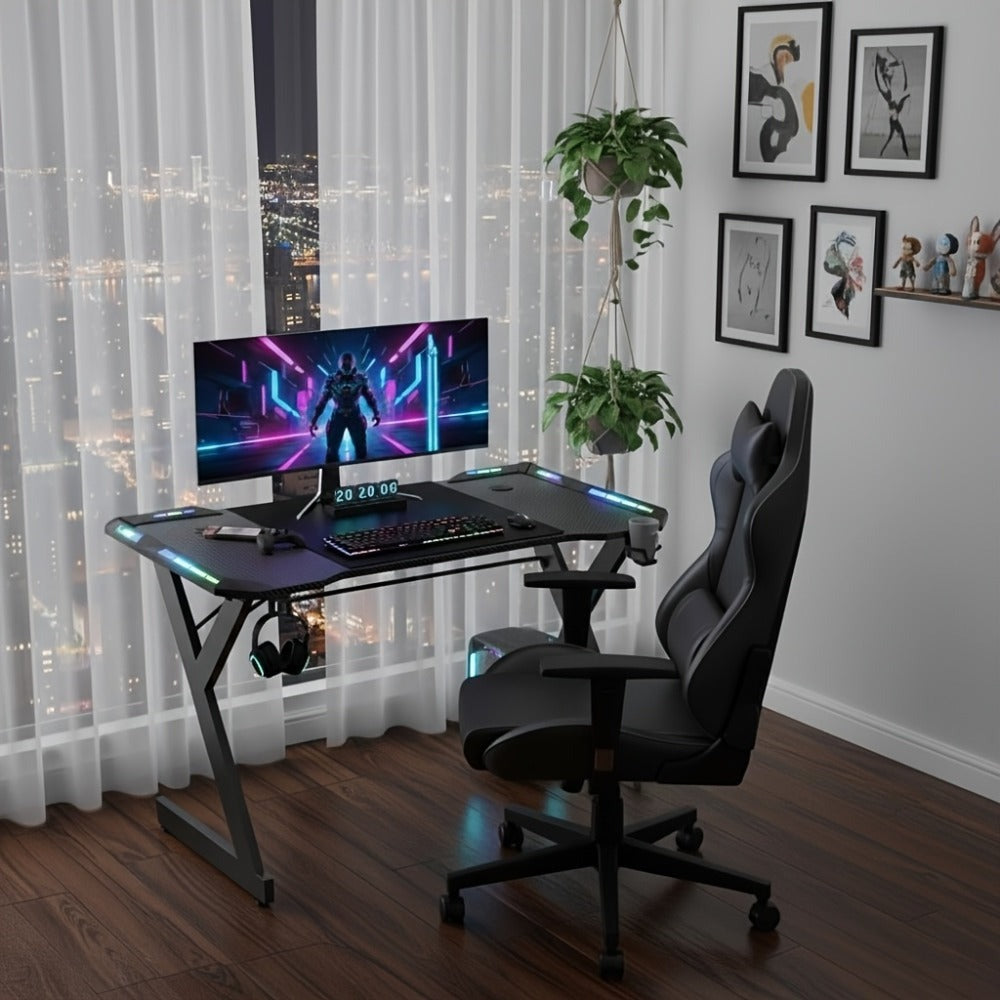 Escritorio de Oficina con Iluminación LED, 100 cm de Tamaño Extra Grande con Revestimiento de Fibra de Carbono, Escritorio para Hogar/Oficina y Gaming, con Portavasos y Soporte para Auriculares, , con Organizador de Cables, Ideal para Trabajadores Remotos