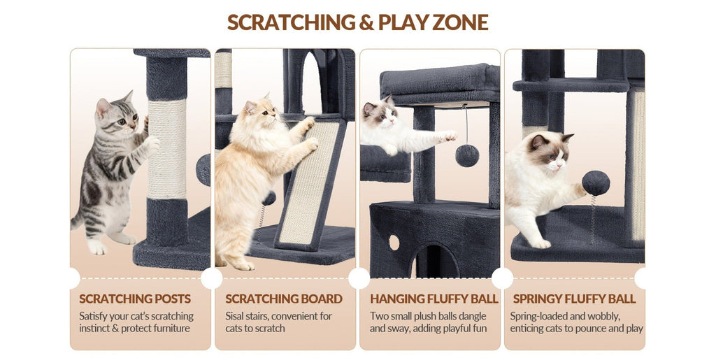 Fobyfurny Árbol para Gatos, Torre de 178cm para Gatos de Interior, Marco de Escalada para Gatos de Múltiples Niveles con Postes Rascadores, Tabla Rascadora, 2 Condominios Cómodos, 2 Perchas, Pompones, Lugar de Descanso