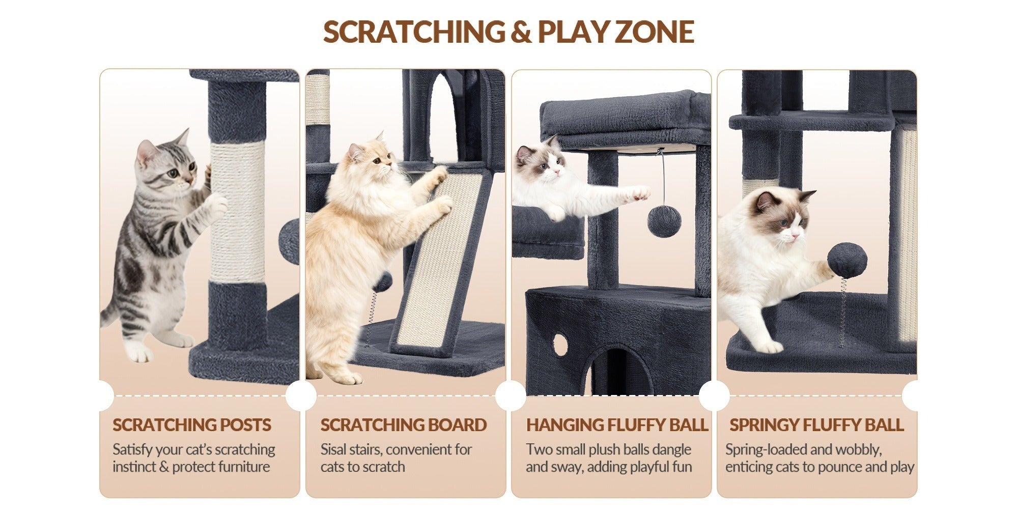 Fobyfurny Árbol para Gatos, Torre de 178cm para Gatos de Interior, Marco de Escalada para Gatos de Múltiples Niveles con Postes Rascadores, Tabla Rascadora, 2 Condominios Cómodos, 2 Perchas, Pompones, Lugar de Descanso