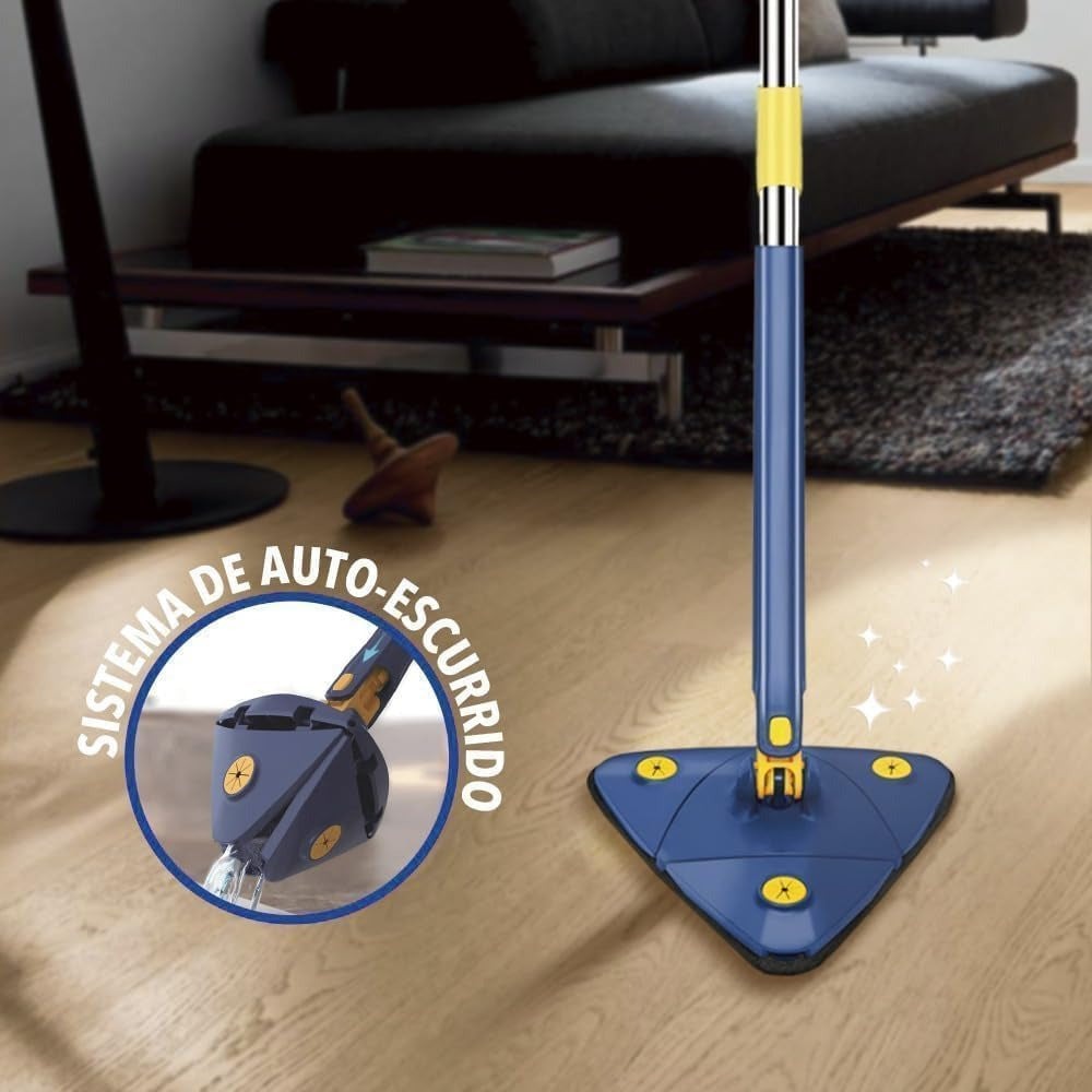 Mopa Triangular Limpieza Giratoria 360 para Limpiar Suelos, Paredes, Ventanas, Techos y Muebles. Fregona Triangular Microfibra, Función Autoescurrible, Incluye 2 Recambios. Cabezal de 27 x 27 x 27 cm, con un Mango Extensible de hasta 130 cm. - Dekohome