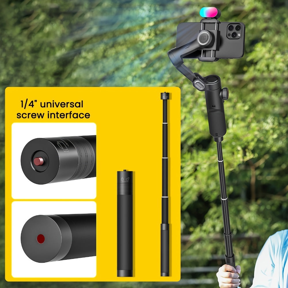 Estabilizador cardán AOCHUAN en forma de 7 de 3 ejes para smartphone, aplicación AOCHUAN, antivibración, enfoque/zoom de precisión, seguimiento de rostro/objeto, varilla plegable extensible de 73 cm, luz RGB, múltiples modos de fotografía, adecuado para v
