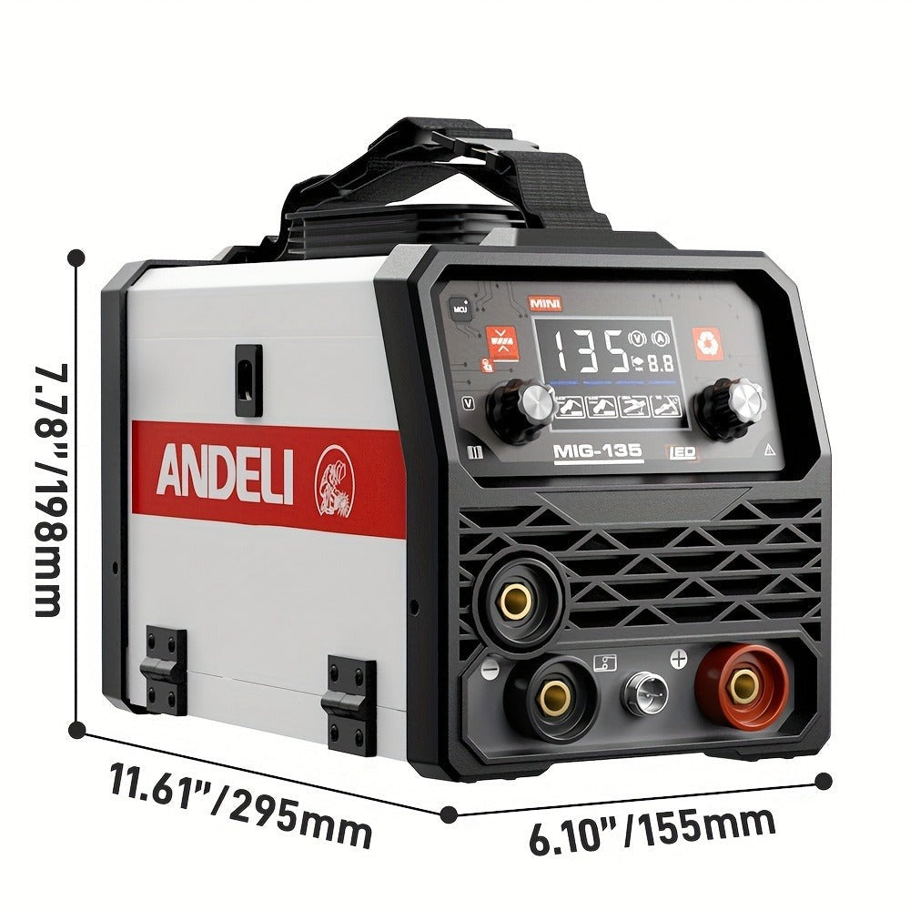 ANDELI 135Amp Máquina de Soldar MIG Flux Mig/Lift Tig/Stick 3-En-1 230V Portátil Sin Gas Multiproceso Soldadora Pantalla Digital LED Máquina de Soldar Inversor IGBT con Soplete Tig