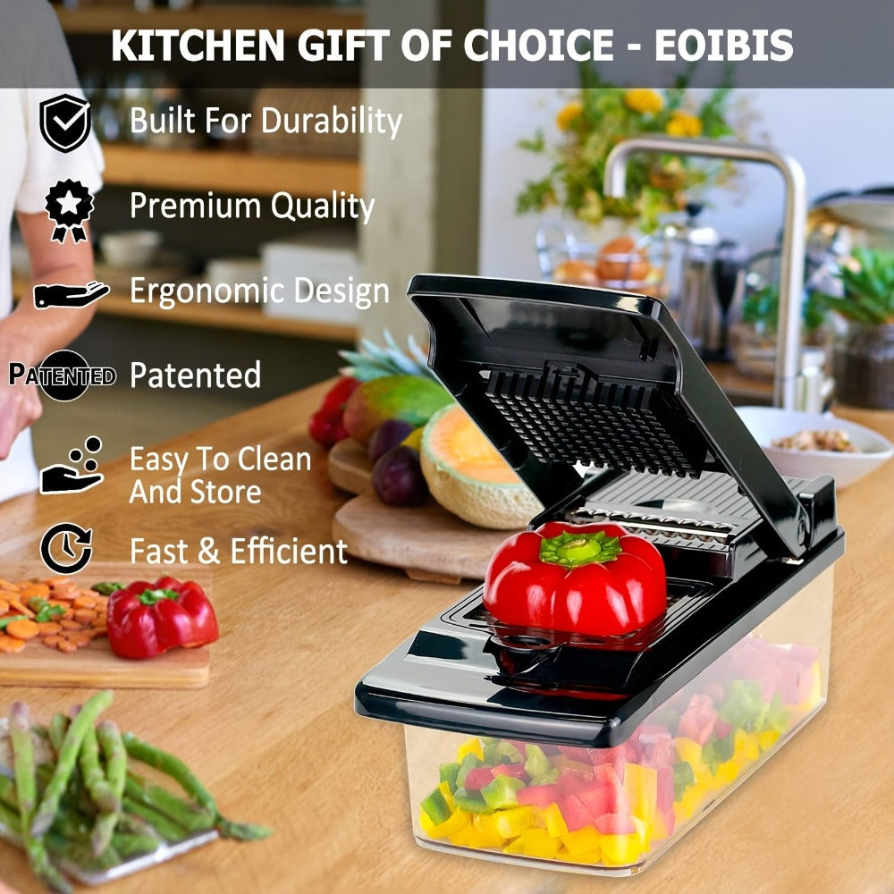 Cortador de verduras, picador de cebolla profesional, picador de alimentos multifuncional, rebanadora y cortadora de verduras de cocina, cortador de verduras con múltiples cuchillas, picador de zanahorias con recipiente y separador, almacén local, regalo