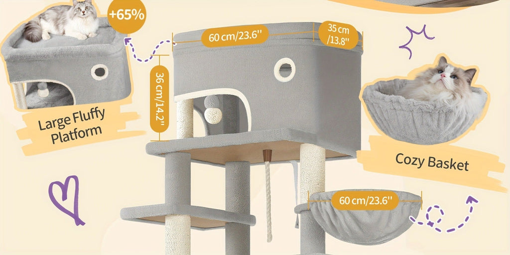Árbol para Gatos, 203 cm con Plataforma Grande, Cueva Doble, 7 Postes Rascadores Pomponas Reposadería Hamaca Adecuado Para Todo TipodeGato Gris Claro/grisescuro Beige