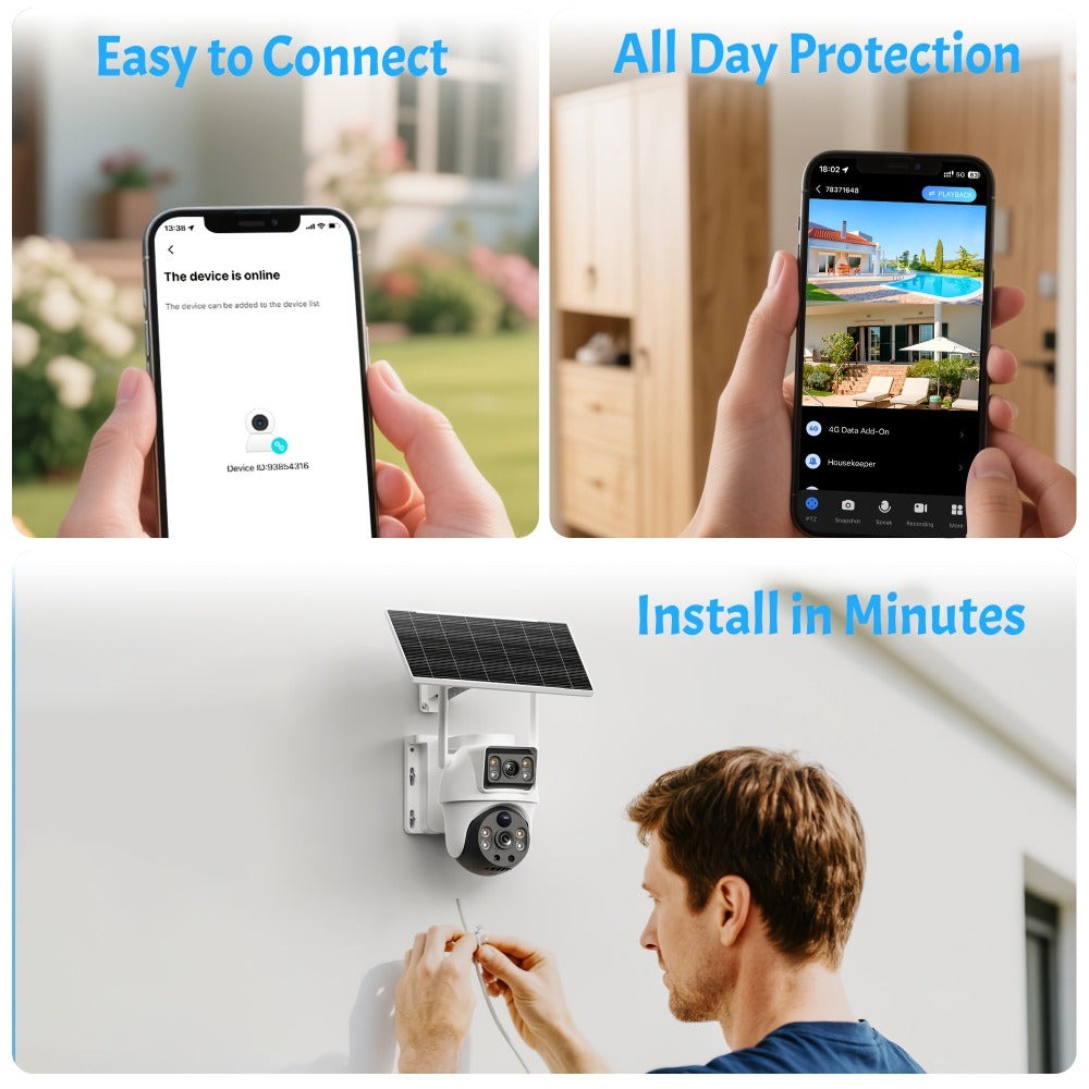 XIAOVV 1 pza/3 pzas Cámara de seguridad solar inteligente PTZ de doble lente y doble vista para exteriores. Cuenta con monitoreo de /inclinación de 360°, panel solar incluido, detección de movimiento con visión nocturna en color y audio bidireccional. Ide