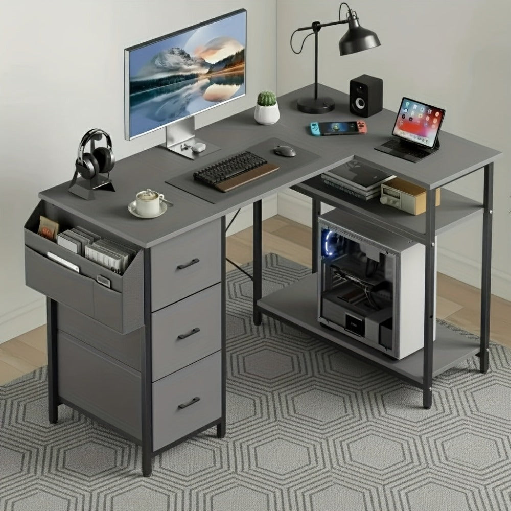 Escritorio Gaming en Forma de L con 3 Cajones de Tela para Almacenamiento, Escritorio de Oficina en Casa Ahorrador de Espacio con Soporte para CPU, Fácil de Montar, Estación de Trabajo y Juegos, Estructura de Madera Resistente, Dormitorio, Adultos