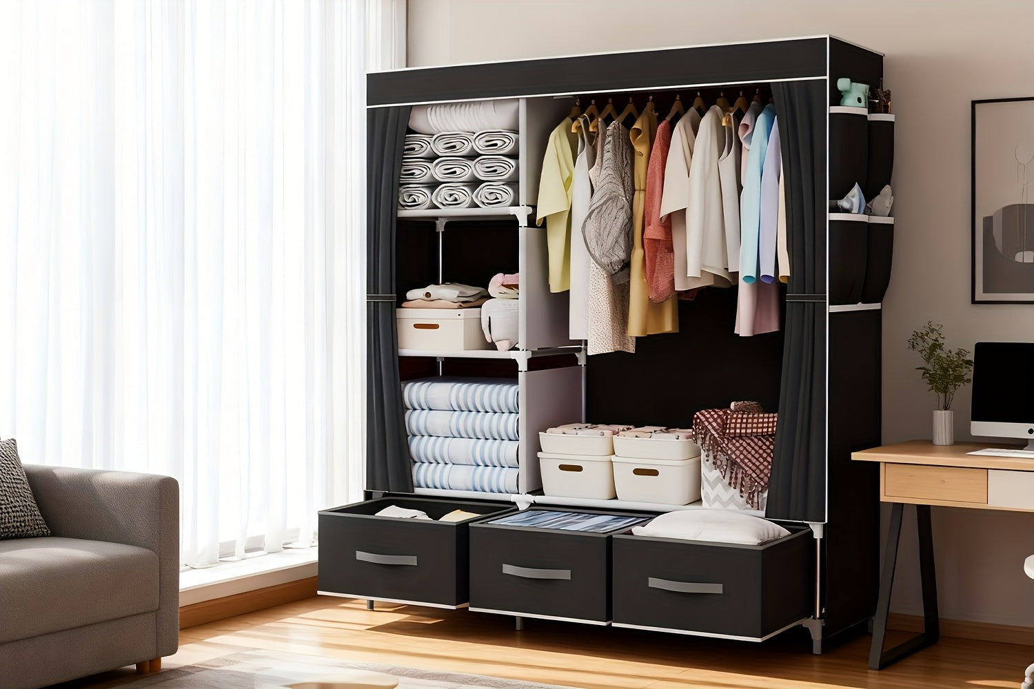 Armario portátil simple, diseño de gran capacidad, armario de almacenamiento multicapa, almacenamiento de ropa, armario portátil, diseño plegable, organizador de ropa con 6 armarios de almacenamiento y 2 zonas para colgar, plegable, apto para dormitorio,