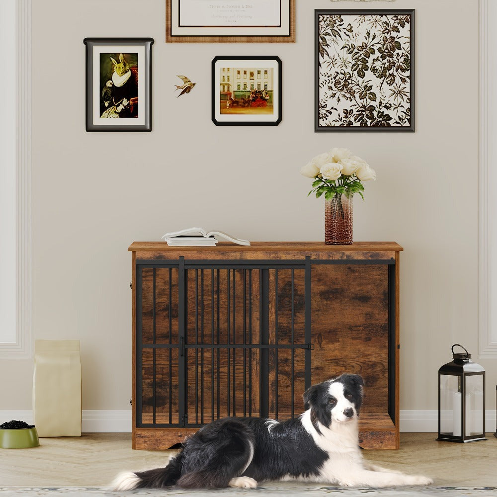 Jaula para Perros de Mueble, 110 cm, 2 Puertas, Jaula Moderna para Interiores, Adecuada para Perros Pequeños/Medianos/Grandes de hasta 100 kg, Mesa Lateral, Puertas Corredizas Reforzadas, 65 × 110 × 81 cm, Marrón Vintage