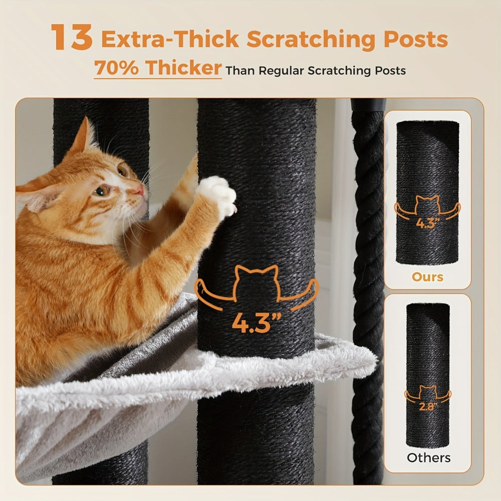 Árbol para Gatos Grande - Torre para Gatos de 170 cm de Altura para Gatos Adultos de Interior con 13 Postes de Rascado Negros Gruesos (10.9 cm), Condominio para Gatos de Múltiples Niveles, Plataforma Súper Grande y Hamacas para Maine Coon de 9 kg