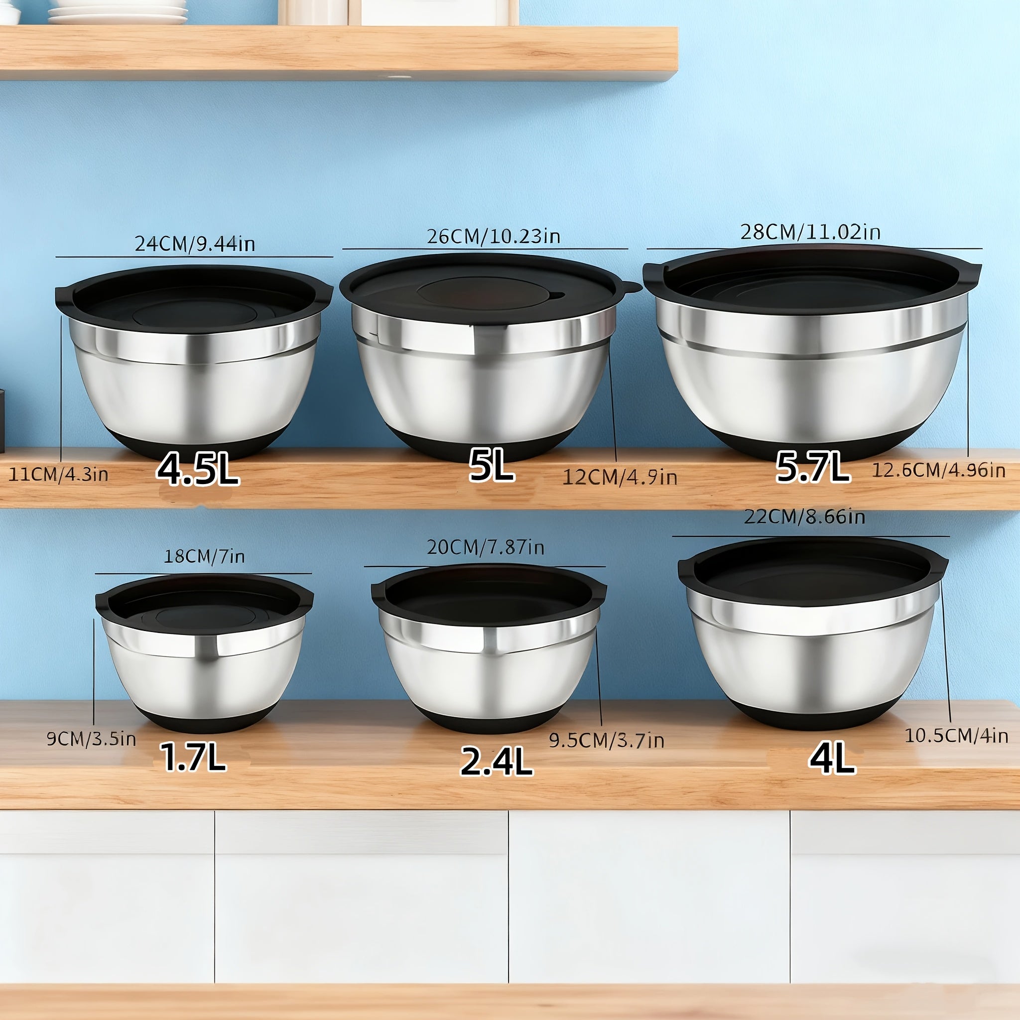 26 tazones para ensalada con tapas, 6 tazones mezcladores de acero inoxidable, 3 accesorios de cuchillo mezclador, 17 herramientas de cocina prácticas, antideslizantes, gadgets de cocina resistentes al óxido para ensaladas y más