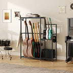 Soporte Multifuncional para Guitarra, Adecuado para Guitarras Acústicas, Guitarras Eléctricas, Bajos, Ukuleles, Banjos, Capacidad para 7 Guitarras, con Soporte para Amplificador de Guitarra, Estante de Almacenamiento para Accesorios de Guitarra y Cubierta