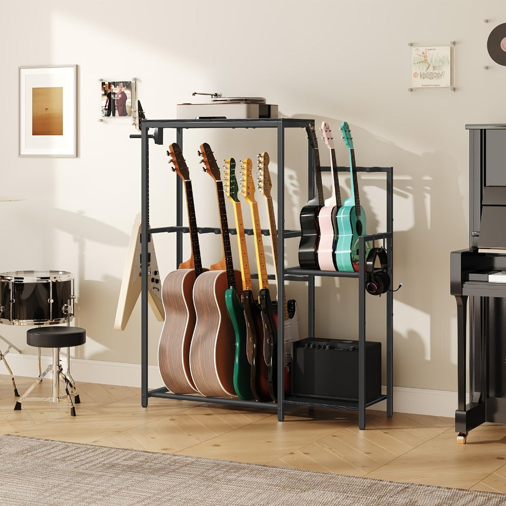 Soporte Multifuncional para Guitarra, Adecuado para Guitarras Acústicas, Guitarras Eléctricas, Bajos, Ukuleles, Banjos, Capacidad para 7 Guitarras, con Soporte para Amplificador de Guitarra, Estante de Almacenamiento para Accesorios de Guitarra y Cubierta