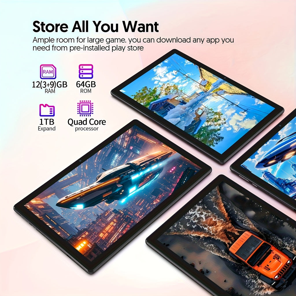 Tablets | Tableta Android 15 de 10.1 pulgadas, 12(3+9)GB RAM, 64GB ROM, con teclado, ratón, lápiz óptico y funda protectora, pantalla IPS de