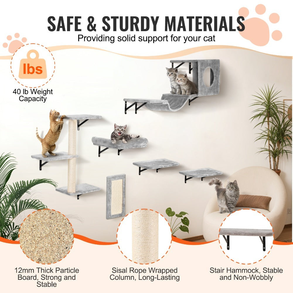 VEVOR Estanterías para gatos montadas en la pared con tableros de salto hamaca sofá conjunto de 6
