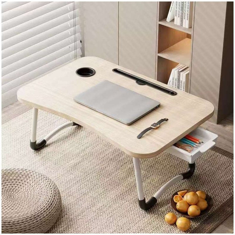 Mesa plegable multifunción para cama y sofá con portavasos, 60×40×28 cm, mesa auxiliar con atril para leer en la cama, bandeja multifunción para ordenador, libros, trabajo y estudio en casa (con cajón / sin cajón)