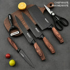 Un juego de 6 cuchillos de cocina para chef con hojas de acero inoxidable, famosos por su filo y durabilidad. Este juego incluye un mango ergonómico, tijeras y un pelador, todos resistentes al óxido y fáciles de mantener.