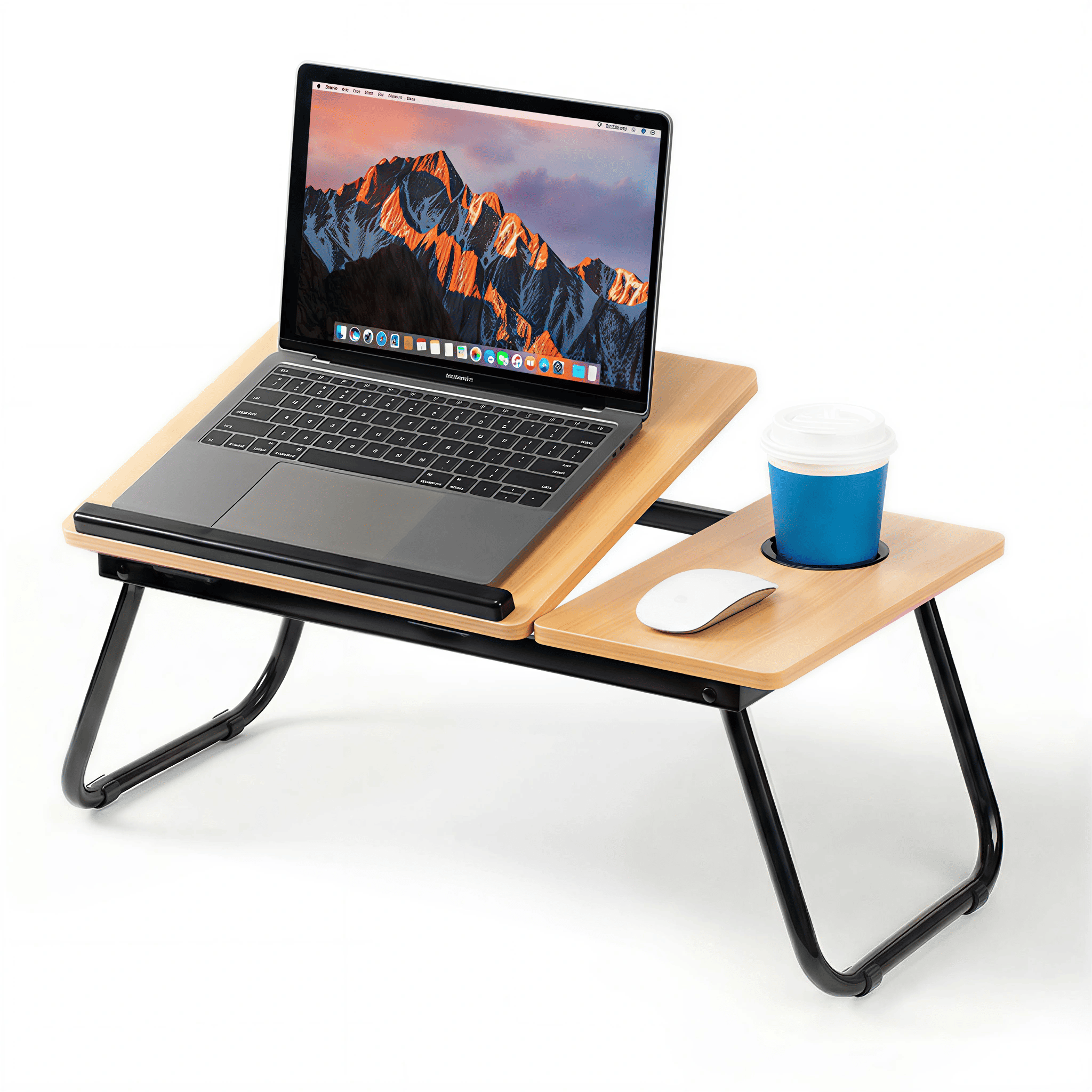 Mesa plegable para cama y sofá con altura ajustable de 5 niveles, bandeja con superficie ajustable y portavasos, mesa pequeña multifunción para ordenador, libros, trabajo y estudio en casa (56x32x25cm)