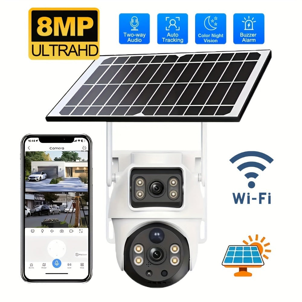 Cámara de exterior de 8MP con lente dual, WiFi, vista de 360°, visión nocturna a todo color, audio bidireccional, detección de movimiento PIR, notificaciones push de alarma, - Apta para sistema de vigilancia empresarial