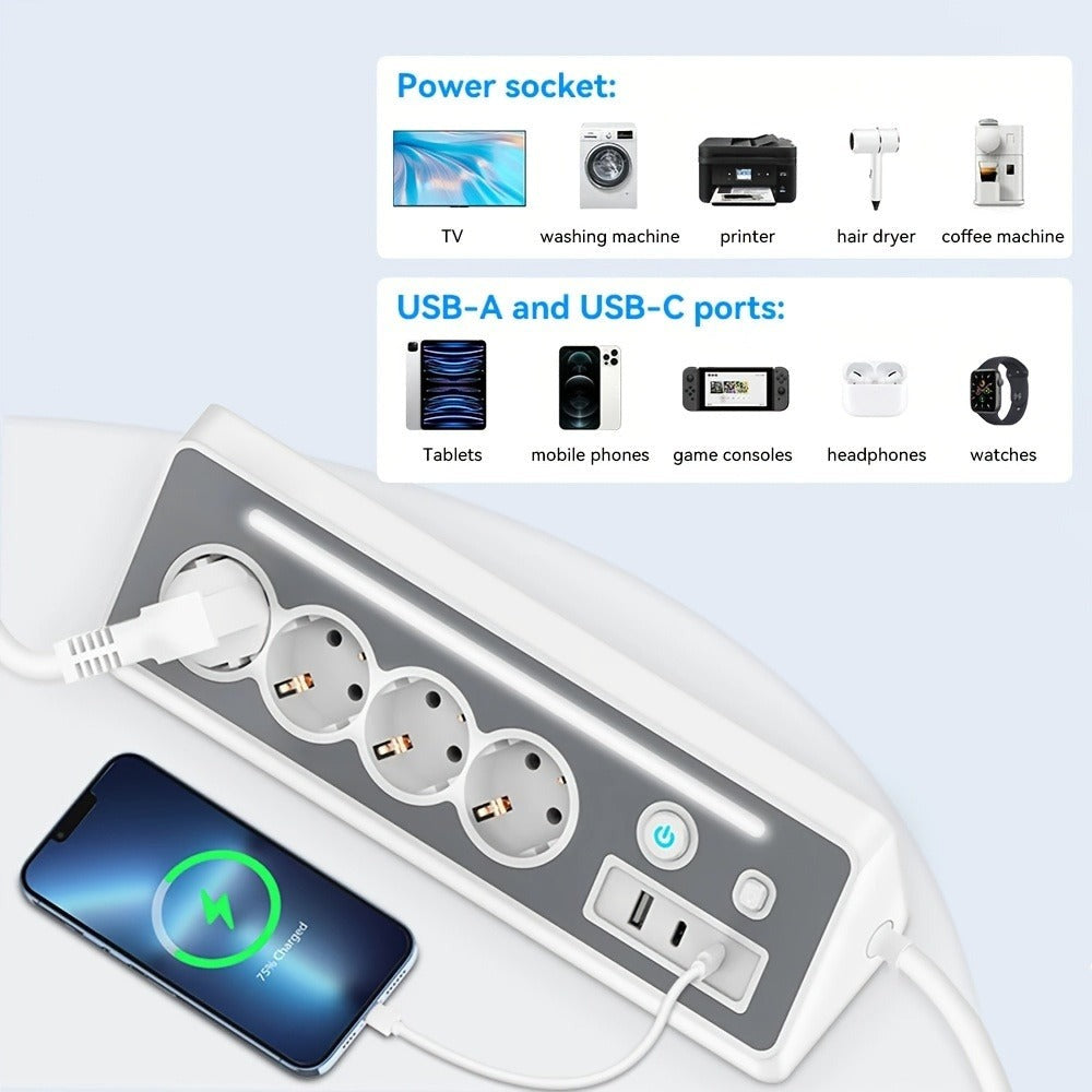 Regleta de enchufes múltiples de ángulo recto 7 en 1 con estación de carga rápida, 4 CA, 2 USB-C de 20W con indicador LED y doble interruptor, ideal para cargar teléfonos, tablets en el hogar, la oficina, configuración de oficina en casa, organización del