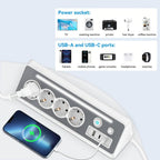 Regleta de enchufes múltiples de ángulo recto 7 en 1 con estación de carga rápida, 4 CA, 2 USB-C de 20W con indicador LED y doble interruptor, ideal para cargar teléfonos, tablets en el hogar, la oficina, configuración de oficina en casa, organización del