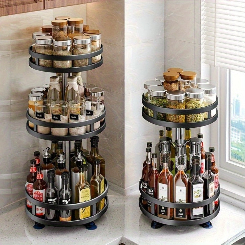 Organizador de Cocina Giratorio 360 Grados - Estante Metálico para Especias con Contenedores de Almacenamiento para Condimentos, Aceites y Vinagre - Opciones de Doble/Triple Capa