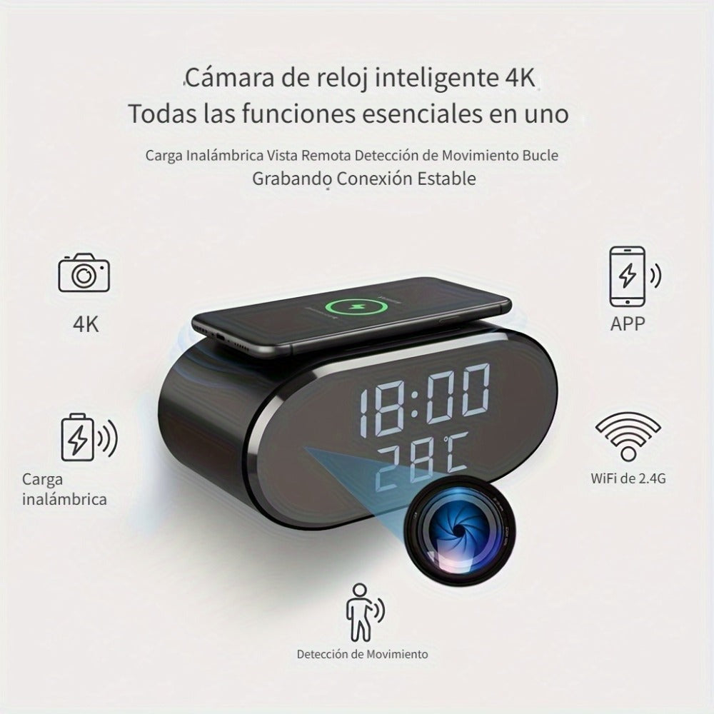 Cámara de seguridad inalámbrica despertador 4K con detección de movimiento, compatible con visualización remota en tiempo real por WIFI, notificaciones de alarma por aplicación y correo electrónico, compatible con Android e IOS, carga USB, incluye tarjeta