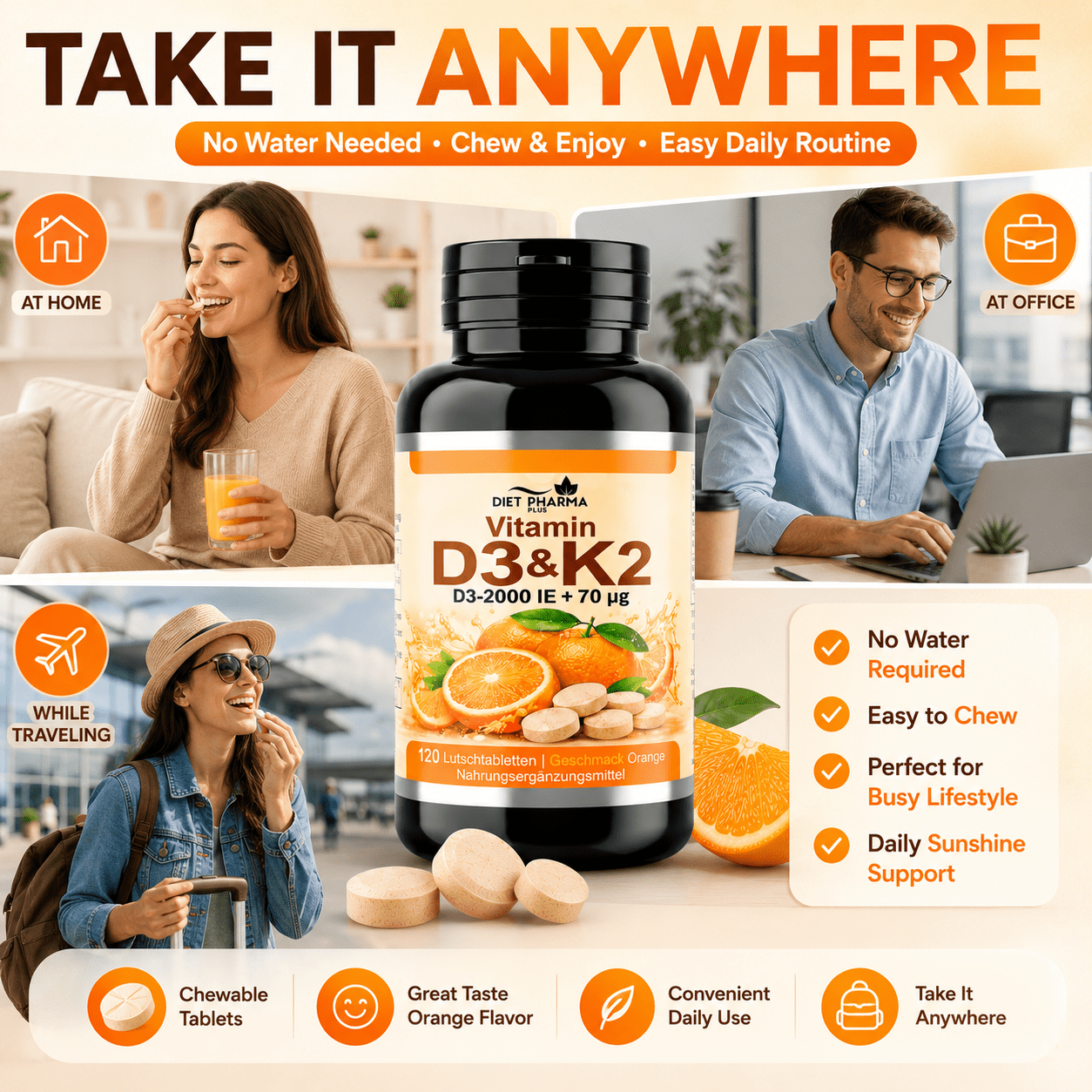 Tabletas masticables de Vitamina D3 + K2 – 120 tabletas – Sabor naranja – Suplemento alimenticio con Vitamina D3 y Vitamina K2 – Tabletas fáciles de masticar para adultos