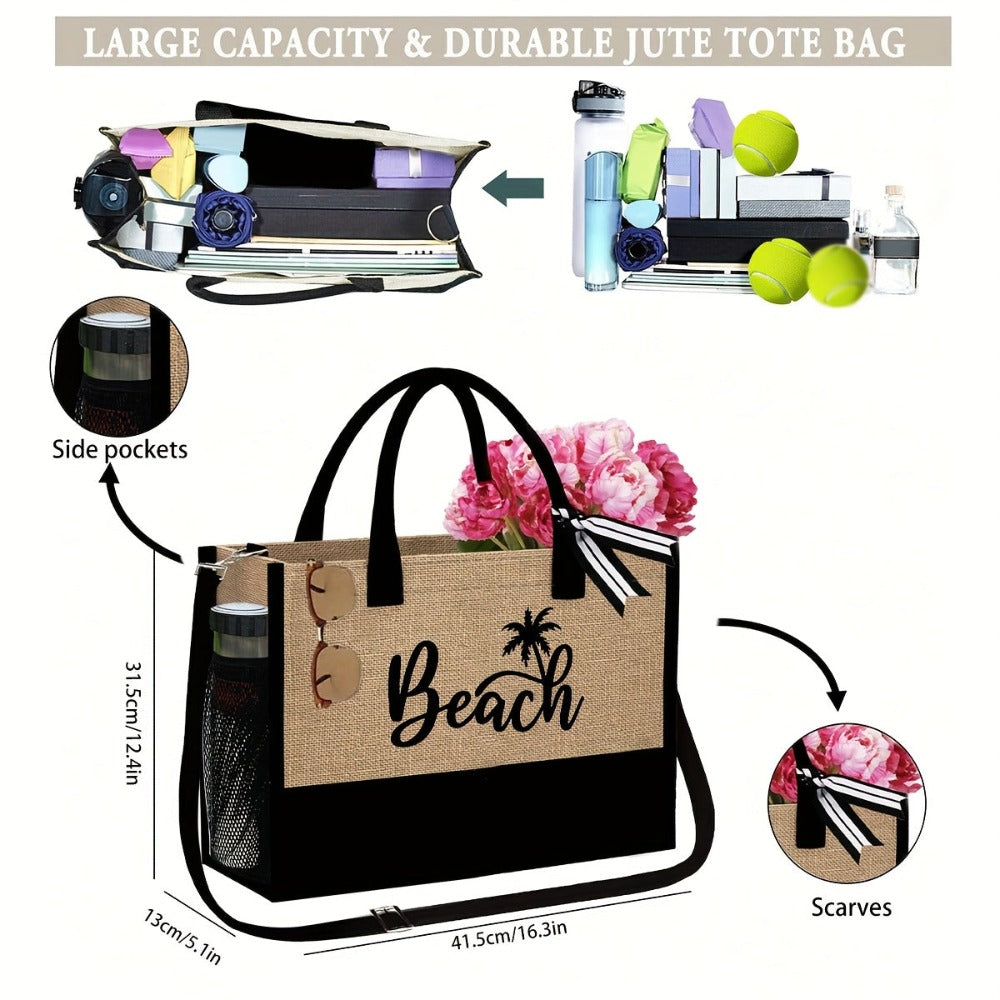 Bolso de Playa para Mujer, con un Diseño Moderno de "Beach" y Sombrero de Playa, Ideal para Vacaciones en la Playa y Bodas al Aire Libre. Un Regalo Perfecto para Mujeres, Madres, Estudiantes y para el Regreso a Clases