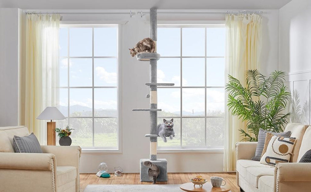 Árbol para gatos Costoffs de techo alto, altura ajustable de 226 cm a 266 cm, poste rascador multinivel con cama para gatos, plataformas y caseta
