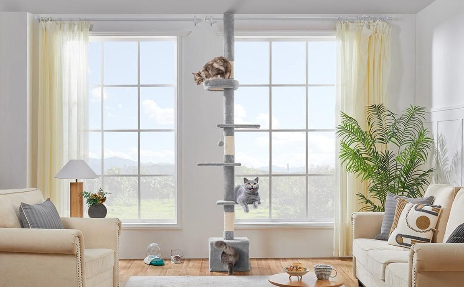 Árbol para gatos Costoffs de techo alto, altura ajustable de 226 cm a 266 cm, poste rascador multinivel con cama para gatos, plataformas y caseta