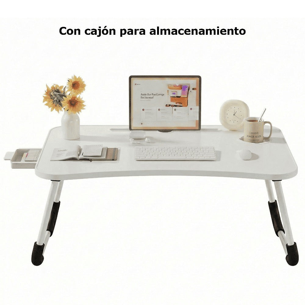 Mesa plegable multifunción para cama y sofá con portavasos, 60×40×28 cm, mesa auxiliar con atril para leer en la cama, bandeja multifunción para ordenador, libros, trabajo y estudio en casa (con cajón / sin cajón)