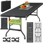Mesa de Jardín Plegable Tillvex® 220x70 cm, Plástico | Mesa Buffet para 10 Personas con Asa de Transporte | Mesa de Camping Impermeable para Uso Exterior en Jardín, Terraza y Balcón