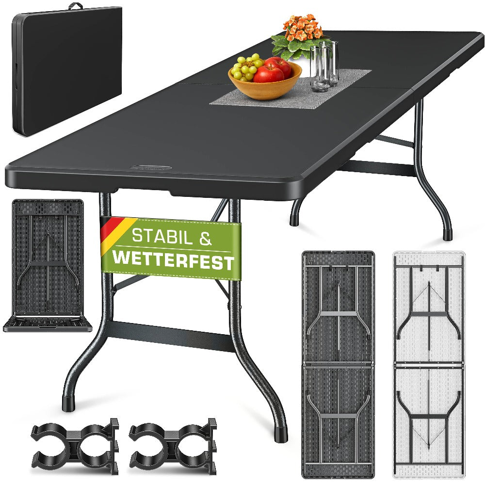 Mesa de Jardín Plegable Tillvex® 220x70 cm, Plástico | Mesa Buffet para 10 Personas con Asa de Transporte | Mesa de Camping Impermeable para Uso Exterior en Jardín, Terraza y Balcón