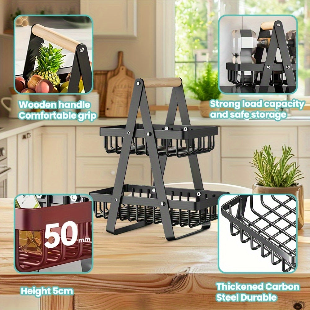 1 Cesta de Almacenamiento de Frutas de Metal de Múltiples Niveles con Asas de Madera - 2 Niveles para Frutas, Verduras y Especias - Soluciones Modernas de Almacenamiento para Cocina, Baño y Hogar, Cesta de Frutas