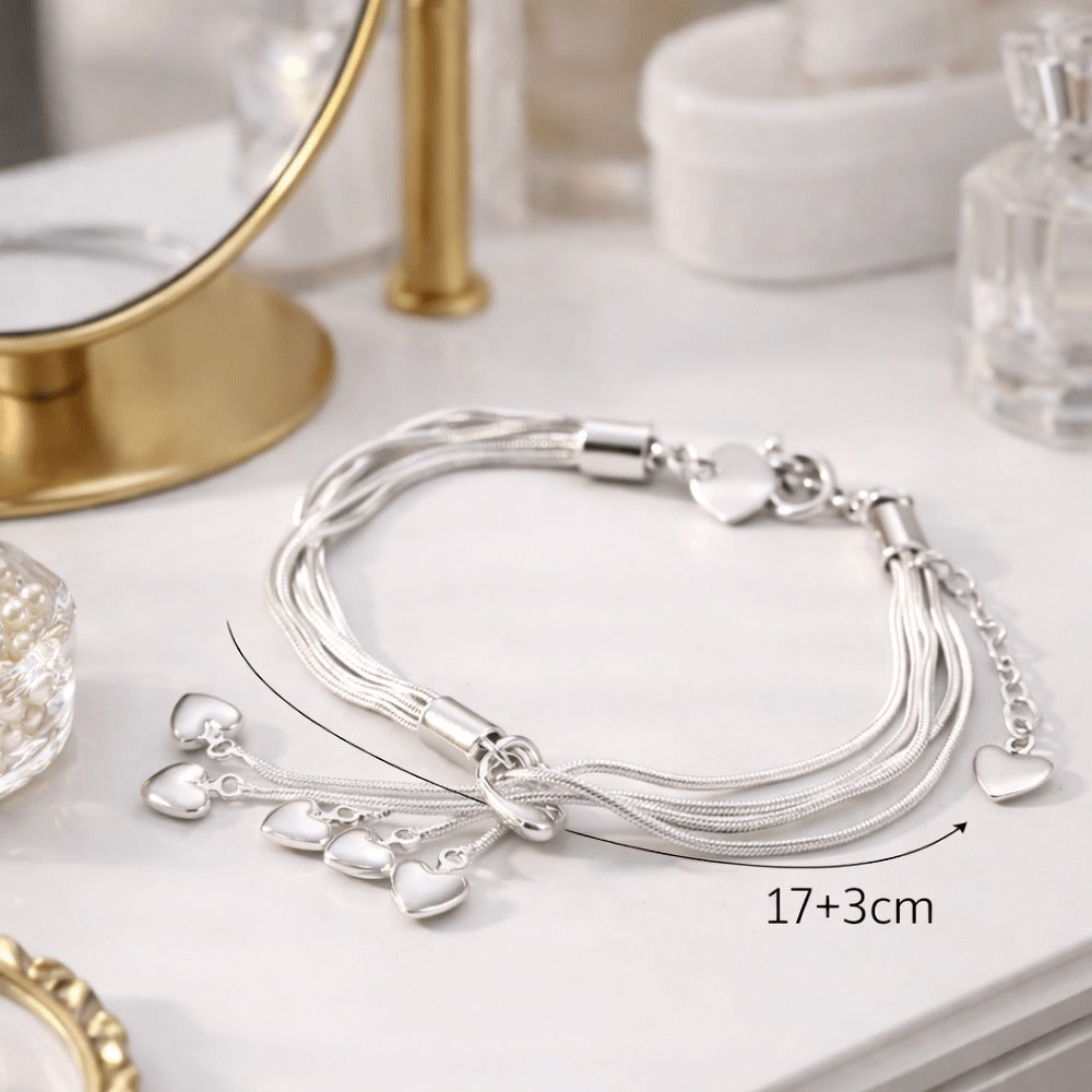 Pulsera de plata 925 para mujer de múltiples hileras con colgante de corazón – Pulsera de dijes de acero inoxidable, elegante regalo de joyería para mujer