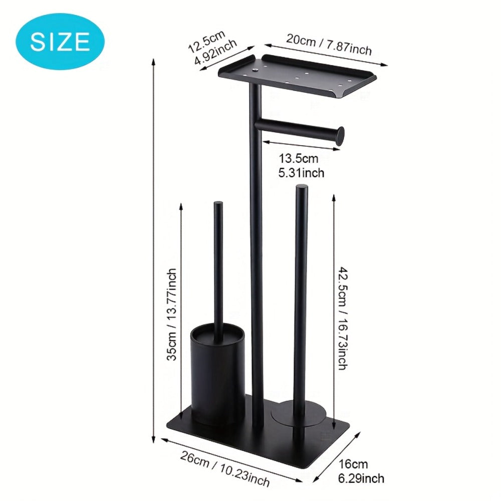 Un soporte independiente para papel higiénico con almacenamiento, un organizador de baño autoadhesivo de hierro forjado, diseñado para ahorrar espacio, con una estética minimalista moderna y un extremo metálico liso, perfecto para decorar salas de estar o