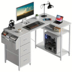 Escritorio Gaming en Forma de L con 3 Cajones de Tela para Almacenamiento, Escritorio de Oficina en Casa Ahorrador de Espacio con Soporte para CPU, Fácil de Montar, Estación de Trabajo y Juegos, Estructura de Madera Resistente, Dormitorio, Adultos