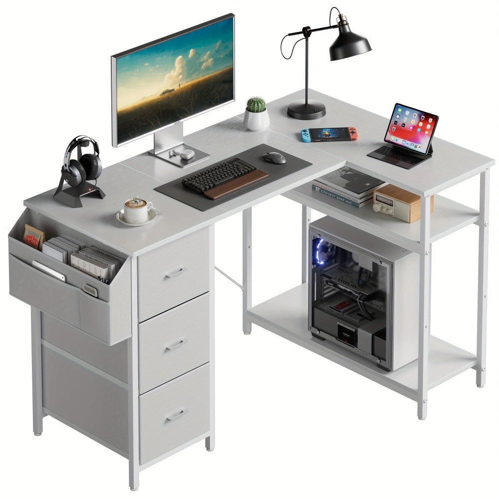 Escritorio Gaming en Forma de L con 3 Cajones de Tela para Almacenamiento, Escritorio de Oficina en Casa Ahorrador de Espacio con Soporte para CPU, Fácil de Montar, Estación de Trabajo y Juegos, Estructura de Madera Resistente, Dormitorio, Adultos