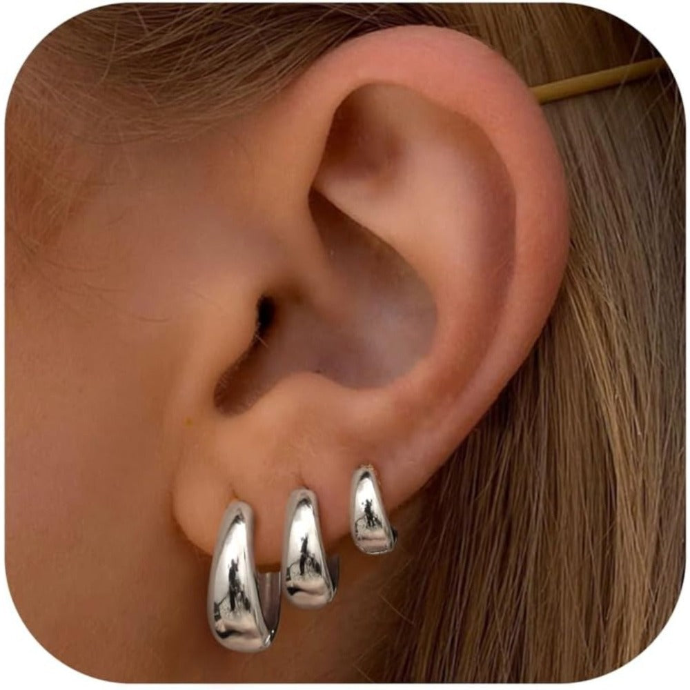 Set de 3 Pares de Aretes de Aro Dorados para Mujer, Aretes Dorados Plateados de 14K, Aretes de Aro Hipoalergénicos Pequeños, Aretes de Aro Ligeros, Aretes de Aro Gruesos Pequeños de Moda, Apilables para Múltiples Piercings