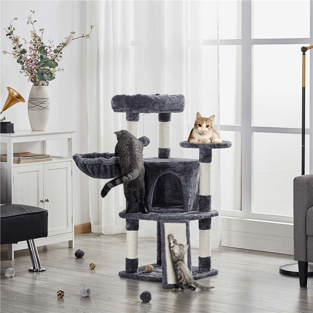 Costoffs Árbol para gatos de 107 cm con plataforma de observación, cueva para gatos, 5 postes de sisal, cueva de descanso, rascador y bola de felpa colgante, mueble para gatos