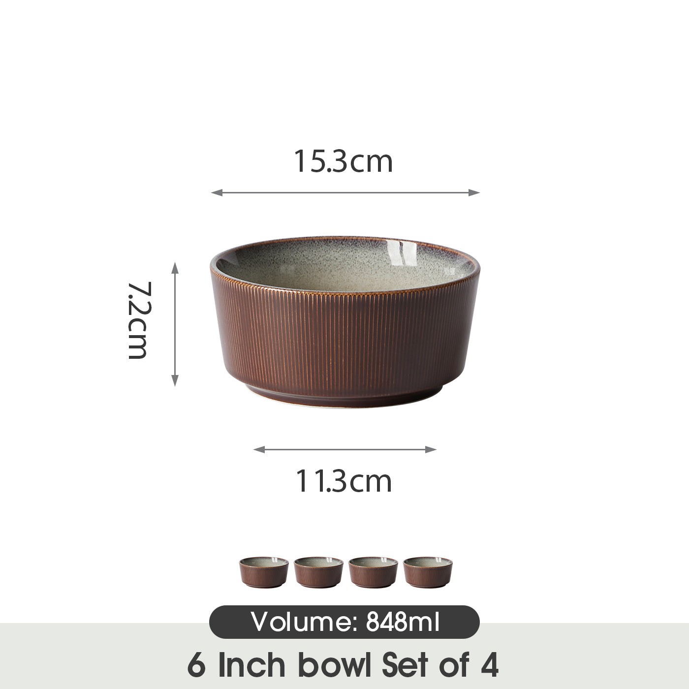 Juego de 4 piezas, 6 pulgadas, Ø15.3 cm, 848 ml, Juego de cubiertos de cerámica, Juego de tazones, Tazones para muesli, Tazones para postre, Tazón para frutos secos, Tazón para helado, Tazón para snacks, Adecuado para restaurantes, familias, cafeterías, f