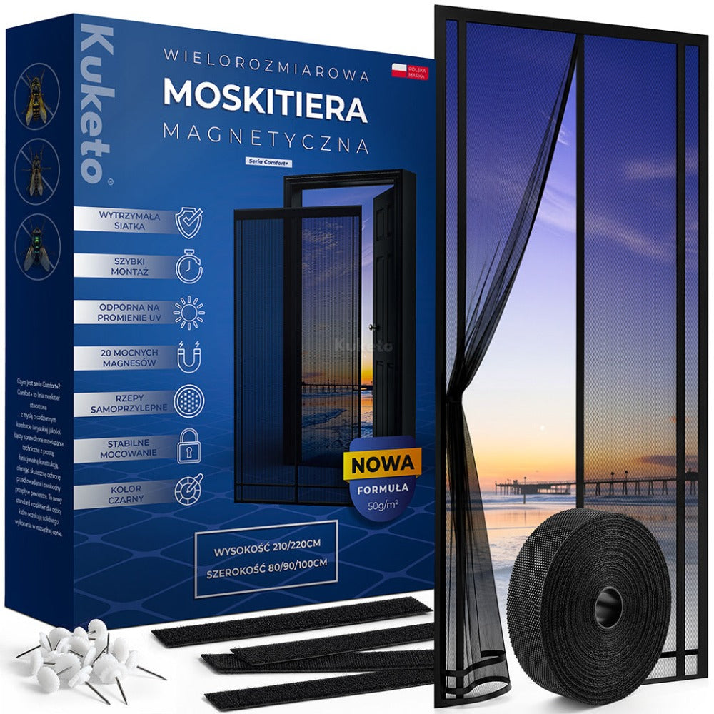 Kuketo - Mosquitera magnética negra para puertas de balcón 210/220 x 80/90/100 cm, pantalla antinsectos con imanes, cierre de , clips, cortina antimosquitos para el hogar, balcón, terraza, entrada, fácil de instalar, recortable, protección contra insectos