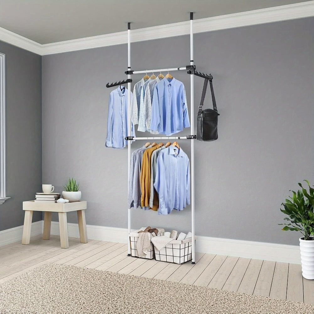 Sistema de armario telescópico con 2 barras para ropa, sistema de almacenamiento de ropa, sistema de estantes, perchero, sistema de estantes de pared planos sin taladrar