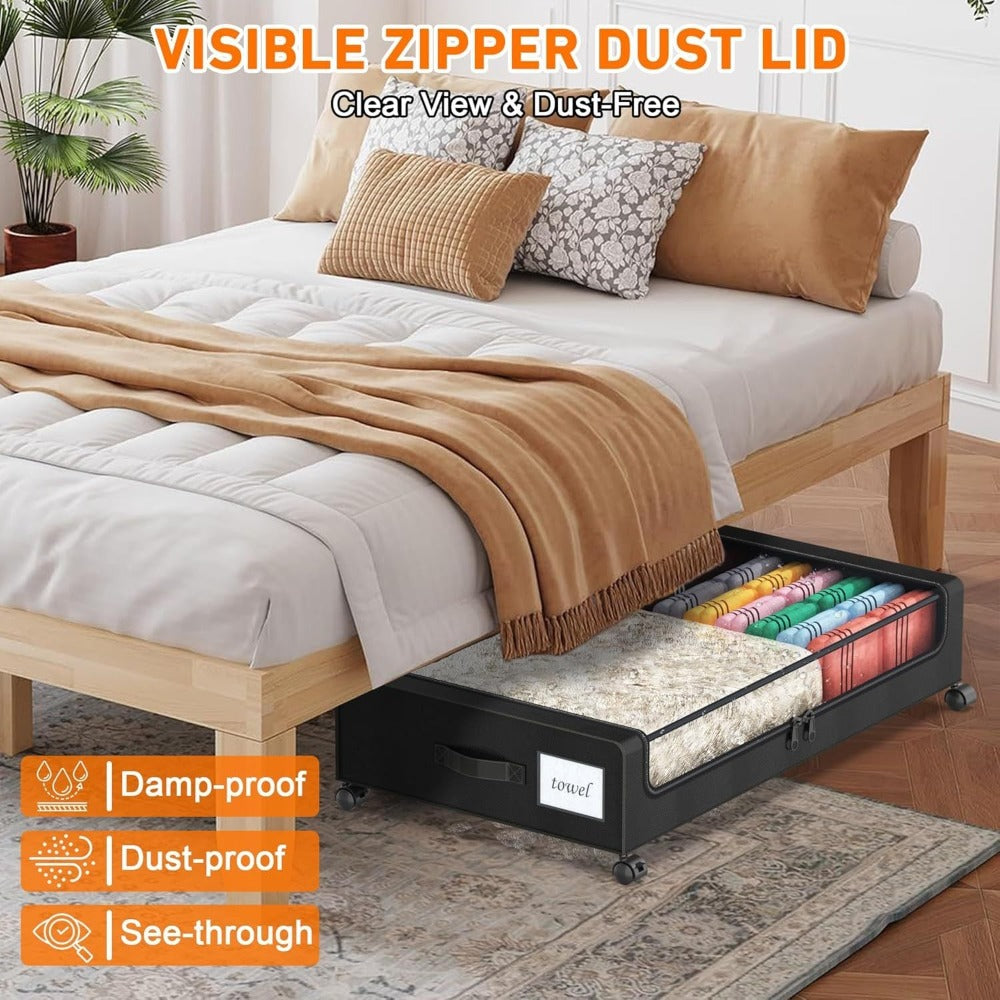 Paquete de 2 cajas de almacenamiento para debajo de la cama con ruedas, organizadores de fábrica Oxford para ropa, cajones de metal con tapa transparente, zapatos, caja de almacenamiento rodante multiusos con ventana transparente