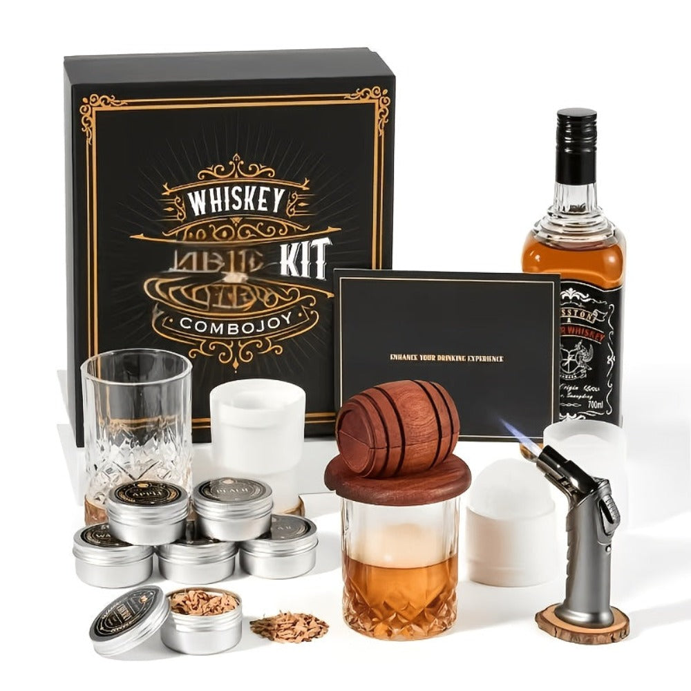 Kit Ahumador de Whisky con Antorcha - 6 Sabores de Leña en Chip, 2 Vasos, 2 Moldes de Hielo - Kit Infusor Ahumador de Cocktail, Kit Ahumador de Bebidas Old Fashioned, Regalos de Cumpleaños de Bourbon Whisky para Hombres, Papá (NO Butano)