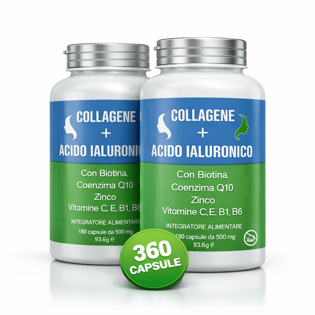[PROMOCIÓN 2 unidades] Colágeno y Ácido Hialurónico, con Coenzima Q10 y Biotina 360 Cápsulas - Hecho en Italia